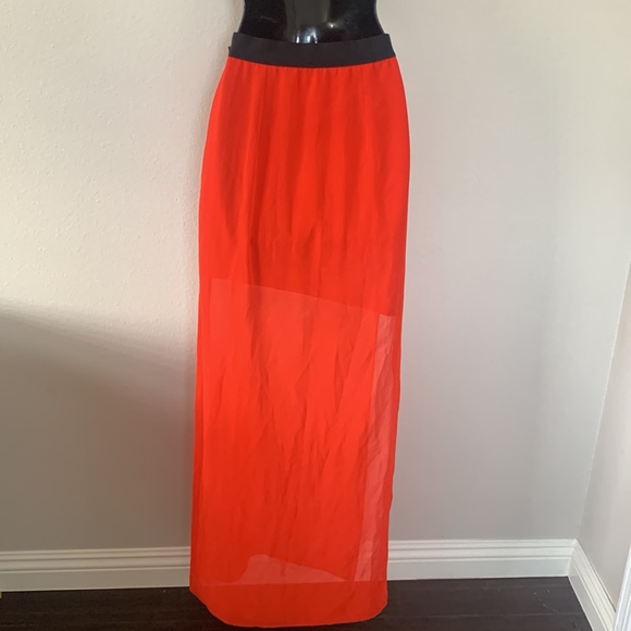 Bebe High Waisted Red Chiffon Side Slit Maxi Skirt - Picture 7 of 11
